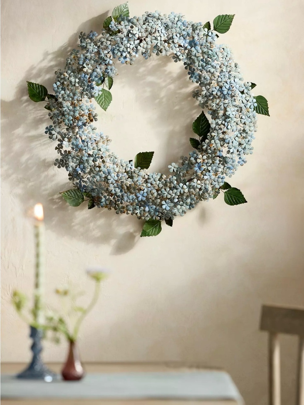 NEW Anthropologie X Terrain Blue Hydrangea Iron Wreath, 20”